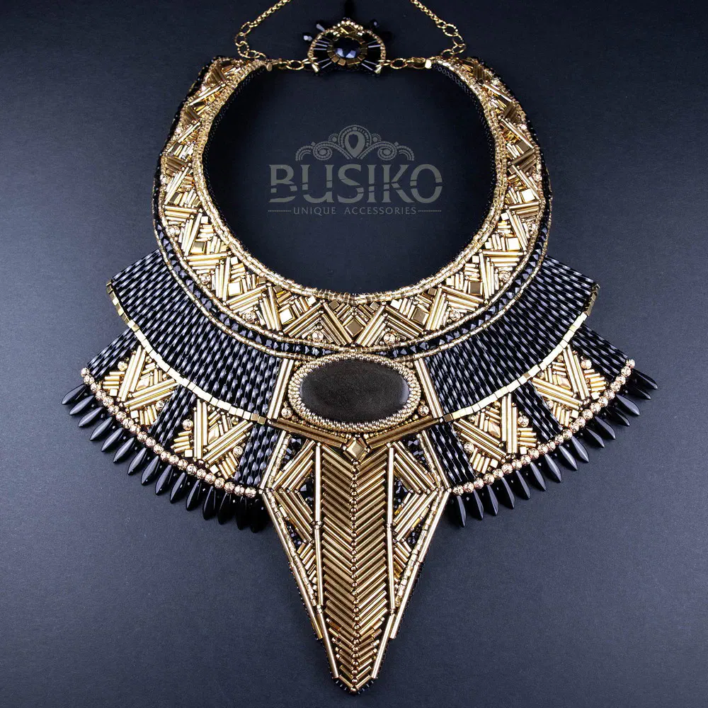 Black and gold Egyptian Anubis beaded bib necklace with gold obsidian Busiko Black and gold Egyptian Anubis beaded bib necklace with gold obsidian 1