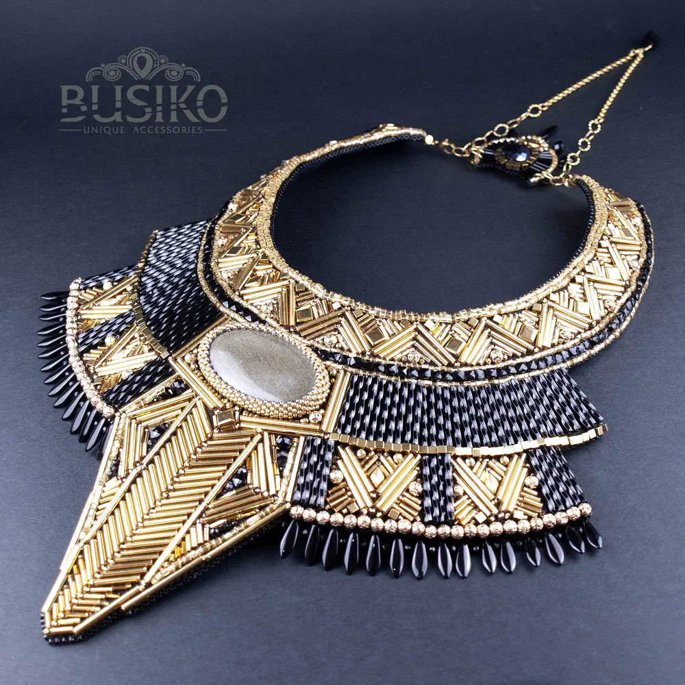 Black and gold Egyptian Anubis beaded bib necklace with gold obsidian Busiko Black and gold Egyptian Anubis beaded bib necklace with gold obsidian 2