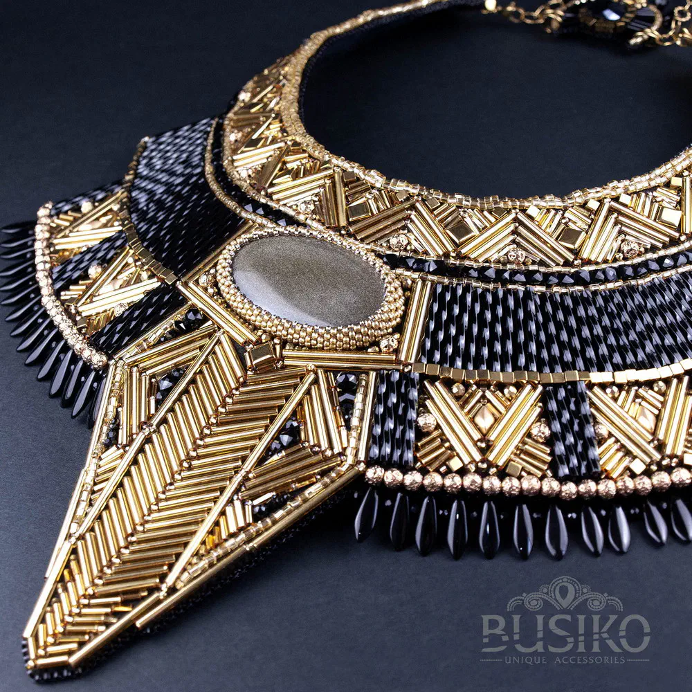 Black and gold Egyptian Anubis beaded bib necklace with gold obsidian Busiko Black and gold Egyptian Anubis beaded bib necklace with gold obsidian 3