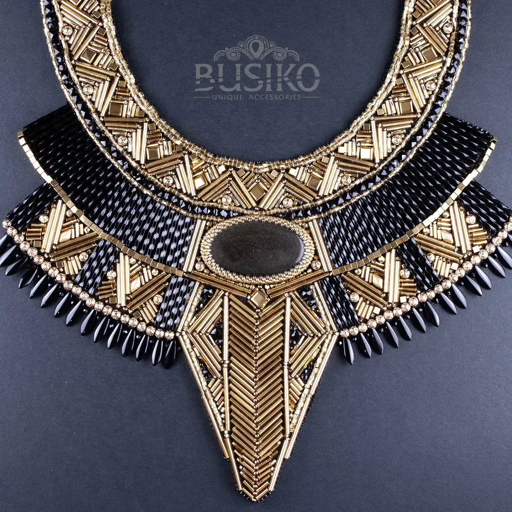 Black and gold Egyptian Anubis beaded bib necklace with gold obsidian Busiko Black and gold Egyptian Anubis beaded bib necklace with gold obsidian 4