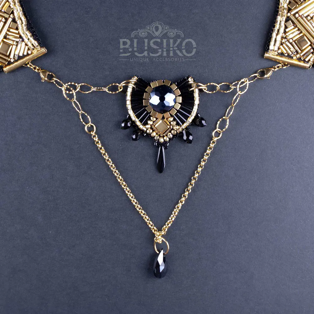 Black and gold Egyptian Anubis beaded bib necklace with gold obsidian Busiko Black and gold Egyptian Anubis beaded bib necklace with gold obsidian 5