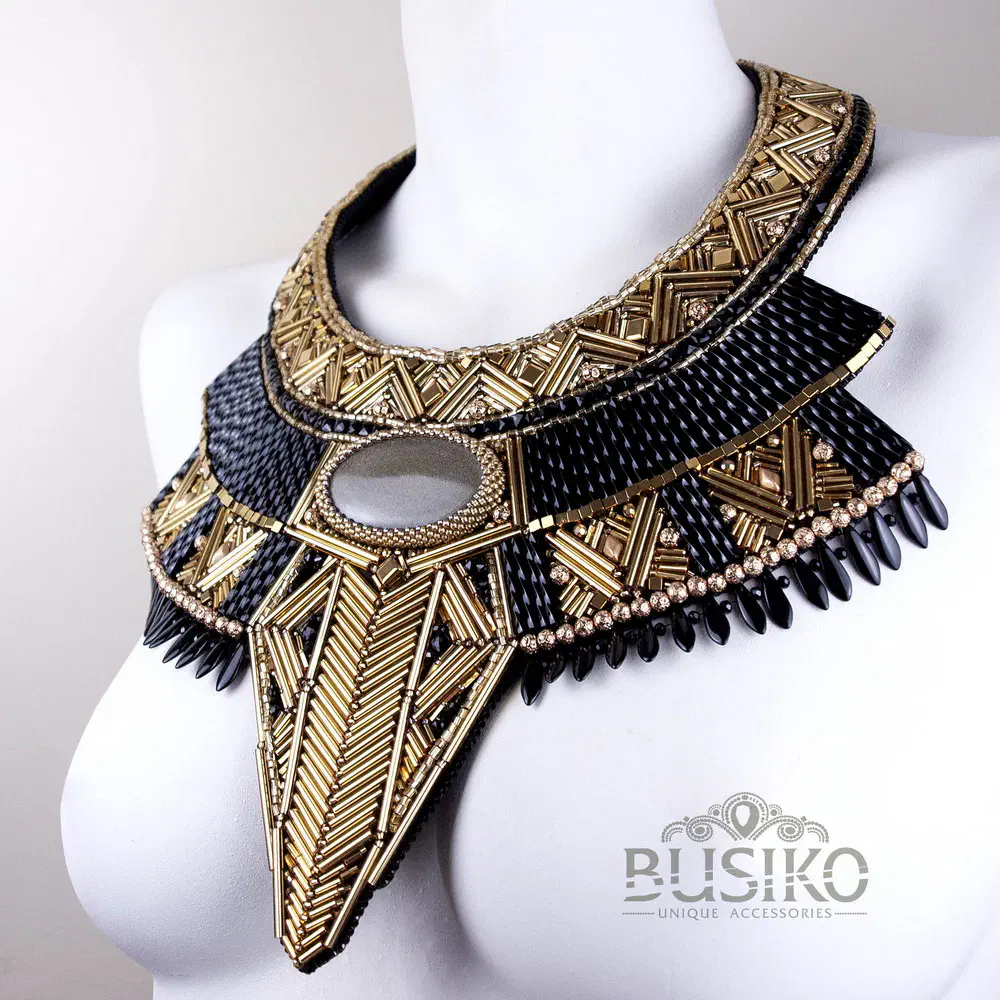 Black and gold Egyptian Anubis beaded bib necklace with gold obsidian Busiko Black and gold Egyptian Anubis beaded bib necklace with gold obsidian 7