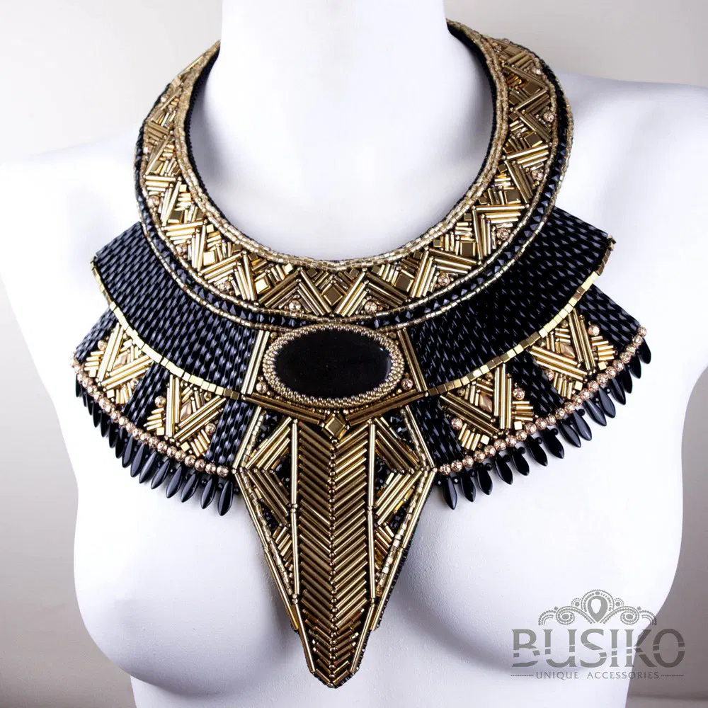 Black and gold Egyptian Anubis beaded bib necklace with gold obsidian Busiko Black and gold Egyptian Anubis beaded bib necklace with gold obsidian 8