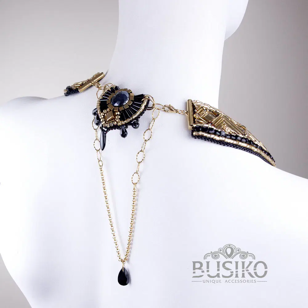 Black and gold Egyptian Anubis beaded bib necklace with gold obsidian Busiko Black and gold Egyptian Anubis beaded bib necklace with gold obsidian 9