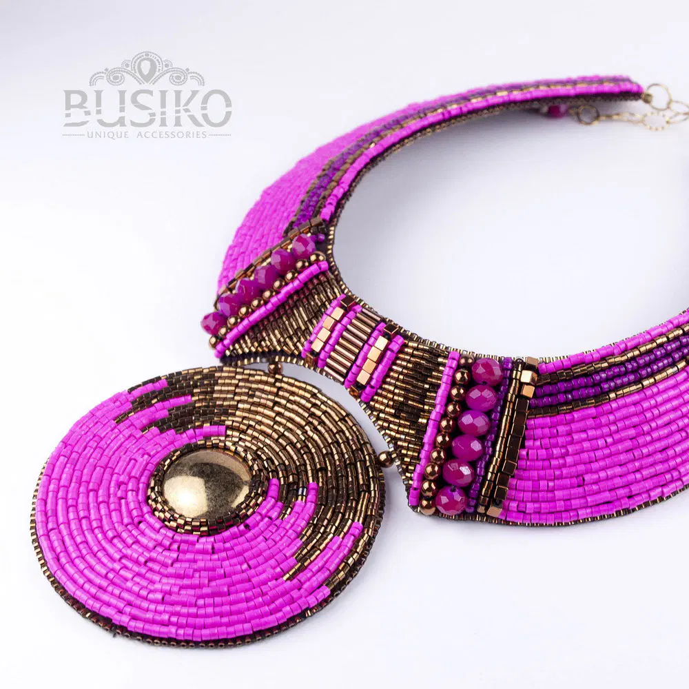 Custom order for Alexandra. Round fuchsia&bronze necklaces and earrings Busiko Fuksiya collar necklace 04