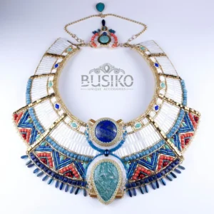 Egyptian beaded embroidered collar necklace white blue corall and turquoise color with amazonit 11