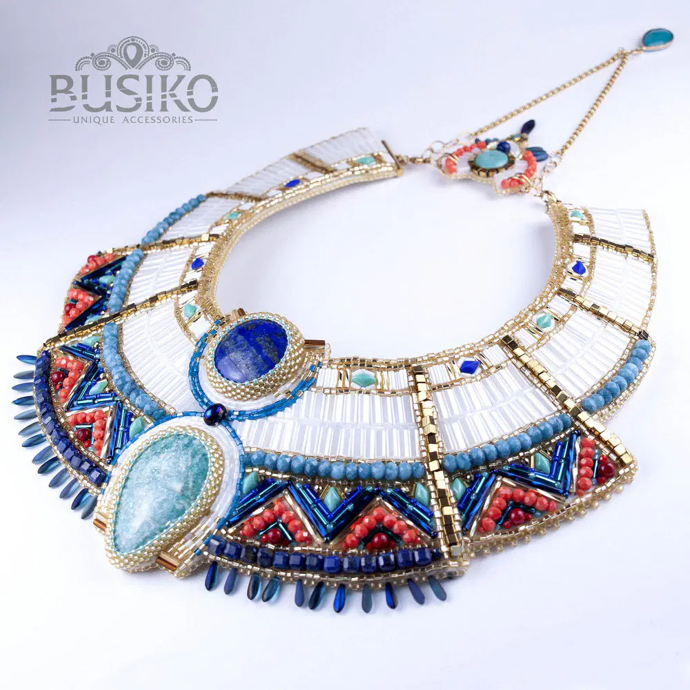 Egyptian beaded embroidered collar necklace white blue corall and turquoise color with amazonit 12