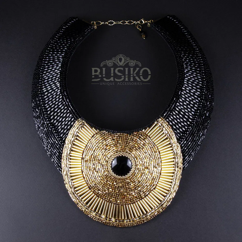 Custom order for Alexandra. Beige, orange, and black-and-gold necklace and earrings Black & gold collar necklace 2
