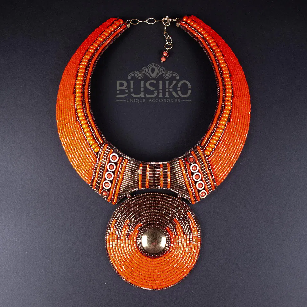 Custom order for Alexandra. Beige, orange, and black-and-gold necklace and earrings Orange & bronze dubl collar necklace 1