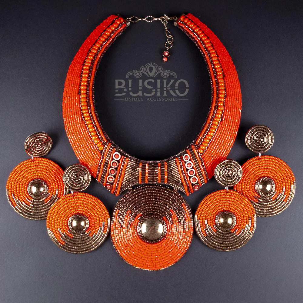 Custom order for Alexandra. Beige, orange, and black-and-gold necklace and earrings Orange & bronze dubl collar necklace 2