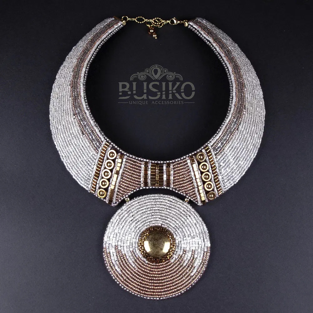 Custom order for Alexandra. Beige, orange, and black-and-gold necklace and earrings beige & bronze dubl collar necklace 3
